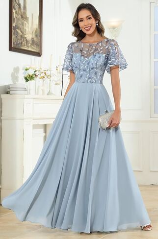 Fu Jiang Short Sleeve Sequin Mother of The Bride Dresses Chiffon A Line Pleated Long Formal Evening Dress with Pockets in Saudi Arabia