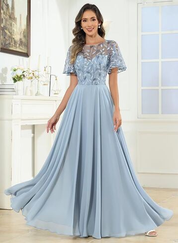 Fu Jiang Short Sleeve Sequin Mother of The Bride Dresses Chiffon A Line Pleated Long Formal Evening Dress with Pockets in Saudi Arabia