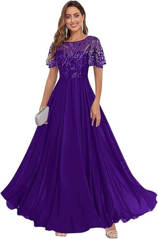 Fu Jiang Short Sleeve Sequin Mother of The Bride Dresses Chiffon A Line Pleated Long Formal Evening Dress with Pockets in Saudi Arabia