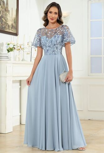 Fu Jiang Short Sleeve Sequin Mother of The Bride Dresses Chiffon A Line Pleated Long Formal Evening Dress with Pockets in Saudi Arabia
