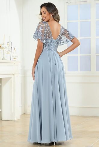 Fu Jiang Short Sleeve Sequin Mother of The Bride Dresses Chiffon A Line Pleated Long Formal Evening Dress with Pockets in Saudi Arabia