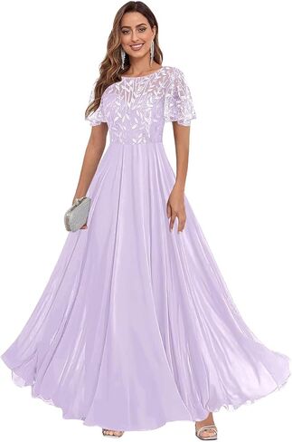 Fu Jiang Short Sleeve Sequin Mother of The Bride Dresses Chiffon A Line Pleated Long Formal Evening Dress with Pockets in Saudi Arabia
