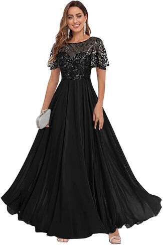 Fu Jiang Short Sleeve Sequin Mother of The Bride Dresses Chiffon A Line Pleated Long Formal Evening Dress with Pockets in Saudi Arabia
