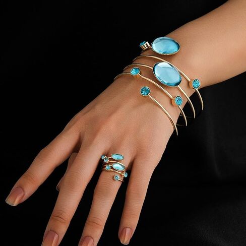 Gold Chunky Cuff Bracelets Rings Set for Women Bridal Bridesmaid Dainty Rhinestone Crystal Wire Bracelets Rings Set Vintage Birthstone Cubic Zirconia Bracelet Ring Adjustable Open Cuff Wrap Bangle Bracelet Ring Prom Wedding Birthday Holiday Party Jewelry  in Saudi Arabia