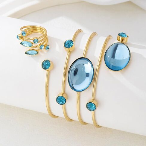 Gold Chunky Cuff Bracelets Rings Set for Women Bridal Bridesmaid Dainty Rhinestone Crystal Wire Bracelets Rings Set Vintage Birthstone Cubic Zirconia Bracelet Ring Adjustable Open Cuff Wrap Bangle Bracelet Ring Prom Wedding Birthday Holiday Party Jewelry  in Saudi Arabia