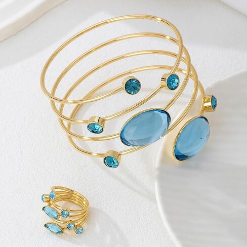 Gold Chunky Cuff Bracelets Rings Set for Women Bridal Bridesmaid Dainty Rhinestone Crystal Wire Bracelets Rings Set Vintage Birthstone Cubic Zirconia Bracelet Ring Adjustable Open Cuff Wrap Bangle Bracelet Ring Prom Wedding Birthday Holiday Party Jewelry  in Saudi Arabia