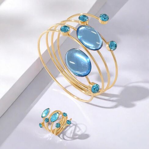 Gold Chunky Cuff Bracelets Rings Set for Women Bridal Bridesmaid Dainty Rhinestone Crystal Wire Bracelets Rings Set Vintage Birthstone Cubic Zirconia Bracelet Ring Adjustable Open Cuff Wrap Bangle Bracelet Ring Prom Wedding Birthday Holiday Party Jewelry  in Saudi Arabia