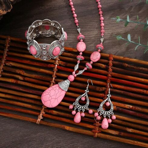 Turquoise Jewelry Set, Silver Pink Vintage Western Boho Pendant Necklace Waterproof Hypoallergenic Non Tarnish Dangle Earring Statement Dainty Goth Bangle Bracelet Holiday Jewelry Set For Women in Saudi Arabia