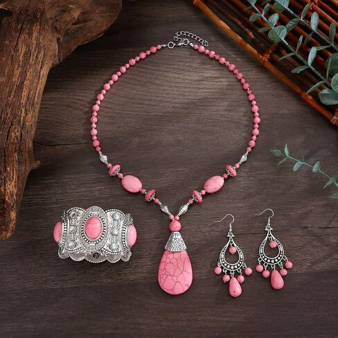 Turquoise Jewelry Set, Silver Pink Vintage Western Boho Pendant Necklace Waterproof Hypoallergenic Non Tarnish Dangle Earring Statement Dainty Goth Bangle Bracelet Holiday Jewelry Set For Women in Saudi Arabia