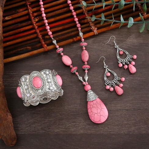 Turquoise Jewelry Set, Silver Pink Vintage Western Boho Pendant Necklace Waterproof Hypoallergenic Non Tarnish Dangle Earring Statement Dainty Goth Bangle Bracelet Holiday Jewelry Set For Women in Saudi Arabia