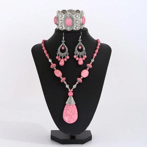 Turquoise Jewelry Set, Silver Pink Vintage Western Boho Pendant Necklace Waterproof Hypoallergenic Non Tarnish Dangle Earring Statement Dainty Goth Bangle Bracelet Holiday Jewelry Set For Women in Saudi Arabia