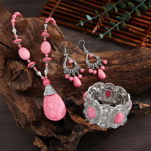 Turquoise Jewelry Set, Silver Pink Vintage Western Boho Pendant Necklace Waterproof Hypoallergenic Non Tarnish Dangle Earring Statement Dainty Goth Bangle Bracelet Holiday Jewelry Set For Women in Saudi Arabia