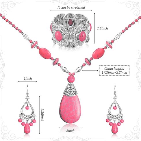 Turquoise Jewelry Set, Silver Pink Vintage Western Boho Pendant Necklace Waterproof Hypoallergenic Non Tarnish Dangle Earring Statement Dainty Goth Bangle Bracelet Holiday Jewelry Set For Women in Saudi Arabia