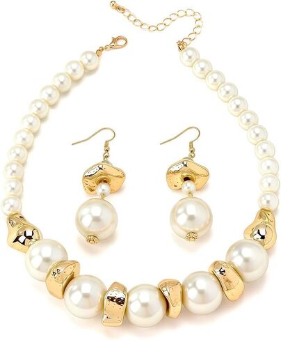 Large Pearl and Gold Tone Jewelry Set, Choker Necklace and Earrings, White Faux Pearls with Textured Metal Accents, Statement Set in Saudi Arabia