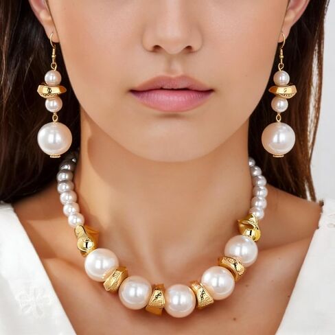 Large Pearl and Gold Tone Jewelry Set, Choker Necklace and Earrings, White Faux Pearls with Textured Metal Accents, Statement Set in Saudi Arabia