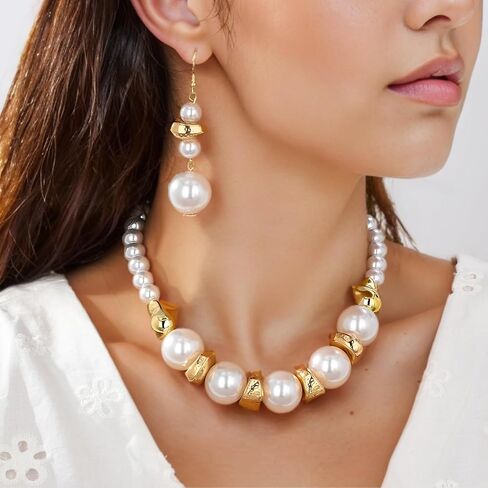 Large Pearl and Gold Tone Jewelry Set, Choker Necklace and Earrings, White Faux Pearls with Textured Metal Accents, Statement Set in Saudi Arabia