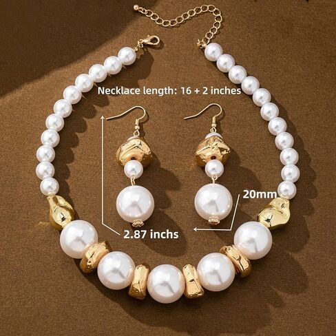 Large Pearl and Gold Tone Jewelry Set, Choker Necklace and Earrings, White Faux Pearls with Textured Metal Accents, Statement Set in Saudi Arabia