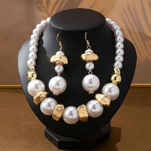Large Pearl and Gold Tone Jewelry Set, Choker Necklace and Earrings, White Faux Pearls with Textured Metal Accents, Statement Set in Saudi Arabia