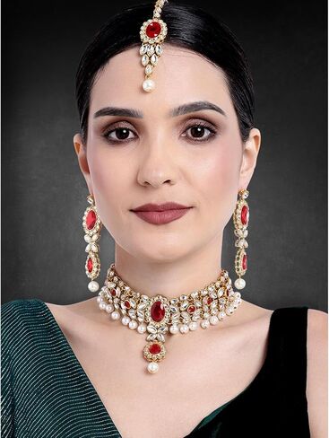 Aheli ملابس الزفاف الهندية مطرز فو كوندان اللؤلؤ قلادة مجموعة مع Maang Tikka العرقية Bharatanatyam مجموعة مجوهرات هدية للنساء in Kuwait