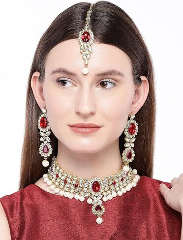 Aheli ملابس الزفاف الهندية مطرز فو كوندان اللؤلؤ قلادة مجموعة مع Maang Tikka العرقية Bharatanatyam مجموعة مجوهرات هدية للنساء in Kuwait