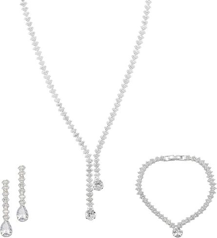 Bride Jewelry Set Silver Crystal Wedding Necklace Earrings Bracelet Set - Bridal Rhinestone Brass Pendant Accessories for Women and Bridesmaids in Saudi Arabia