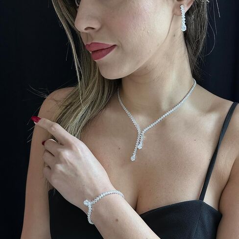Bride Jewelry Set Silver Crystal Wedding Necklace Earrings Bracelet Set - Bridal Rhinestone Brass Pendant Accessories for Women and Bridesmaids in Saudi Arabia