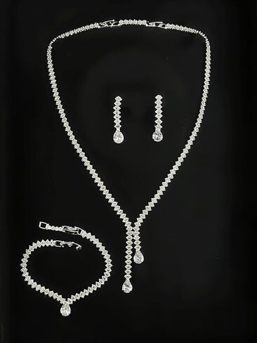 Bride Jewelry Set Silver Crystal Wedding Necklace Earrings Bracelet Set - Bridal Rhinestone Brass Pendant Accessories for Women and Bridesmaids in Saudi Arabia