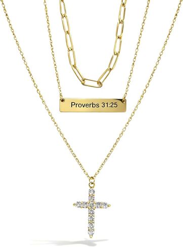 Women's Layered Cross Trio Necklace Set - 14K Gold Plated, CZ Cross, Engraved Bible Verse Bar, Paperclip Choker, Single or Stacked, Jewerly Gifts in Saudi Arabia