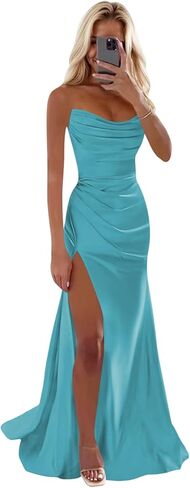 Strapless Satin Prom Dress 2026 Long Mermaid Bridesmaid Dresses for Women Ruched Formal Evening Gowns with Slit WA075 in Saudi Arabia