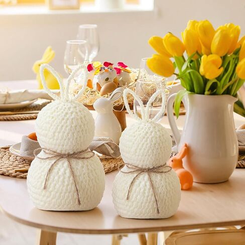Amyhill 2 Pcs Rustic Easter Bunny Figurines Decorations Spring Rabbit Figurine with Bow Farmhouse Nordic Bunny Statue for Home Office Table Centerpiece Living Room Decor (White) in Saudi Arabia