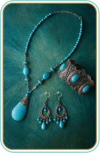Turquoise Jewelry Set, Silver Pink Vintage Western Boho Pendant Necklace Waterproof Hypoallergenic Non Tarnish Dangle Earring Statement Dainty Goth Bangle Bracelet Holiday Jewelry Set For Women in Saudi Arabia