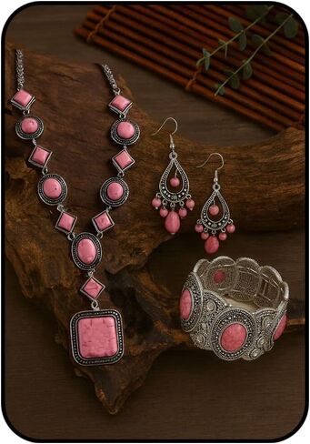 Turquoise Jewelry Set, Silver Pink Vintage Western Boho Pendant Necklace Waterproof Hypoallergenic Non Tarnish Dangle Earring Statement Dainty Goth Bangle Bracelet Holiday Jewelry Set For Women in Saudi Arabia