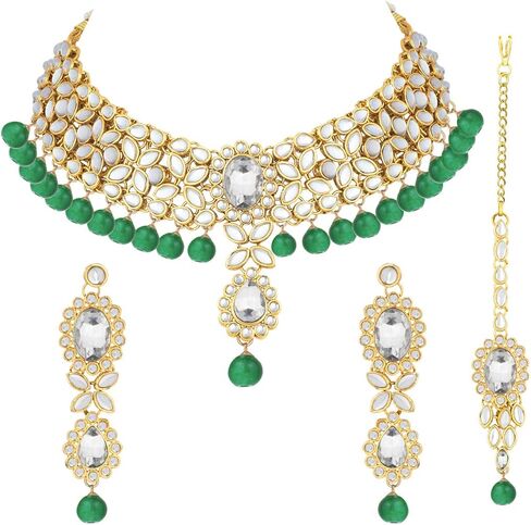 Aheli Indian Wedding Wear Beaded Faux Kundan Pearl Necklace Set with Maang Tikka Ethnic Bharatanatyam jewellery set Gift for Women in Saudi Arabia