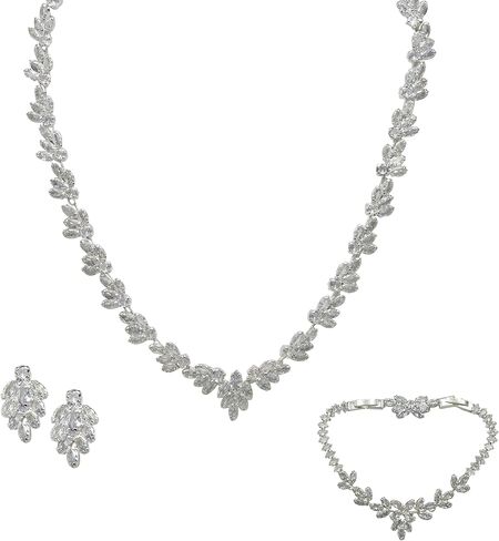 Bride Jewelry Set Silver Crystal Wedding Necklace Earrings Bracelet Set - Bridal Rhinestone Brass Pendant Accessories for Women and Bridesmaids in Saudi Arabia
