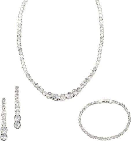 Bride Jewelry Set Silver Crystal Wedding Necklace Earrings Bracelet Set - Bridal Rhinestone Brass Pendant Accessories for Women and Bridesmaids in Saudi Arabia