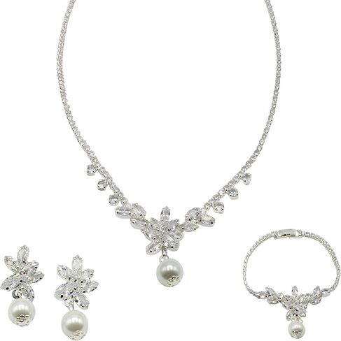Bride Jewelry Set Silver Crystal Wedding Necklace Earrings Bracelet Set - Bridal Rhinestone Brass Pendant Accessories for Women and Bridesmaids in Saudi Arabia