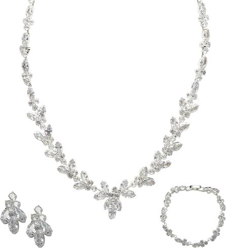 Bride Jewelry Set Silver Crystal Wedding Necklace Earrings Bracelet Set - Bridal Rhinestone Brass Pendant Accessories for Women and Bridesmaids in Saudi Arabia