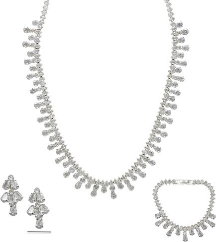 Bride Jewelry Set Silver Crystal Wedding Necklace Earrings Bracelet Set - Bridal Rhinestone Brass Pendant Accessories for Women and Bridesmaids in Saudi Arabia