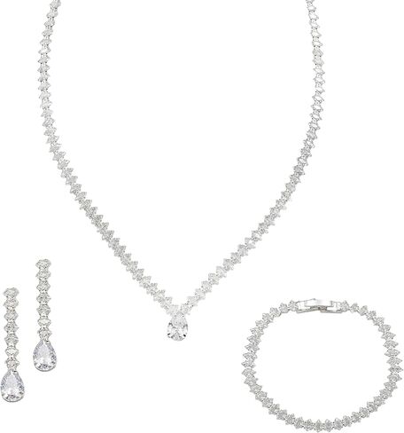 Bride Jewelry Set Silver Crystal Wedding Necklace Earrings Bracelet Set - Bridal Rhinestone Brass Pendant Accessories for Women and Bridesmaids in Saudi Arabia