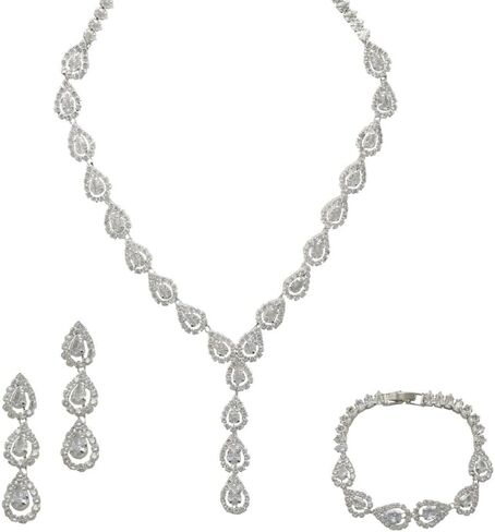 Bride Jewelry Set Silver Crystal Wedding Necklace Earrings Bracelet Set - Bridal Rhinestone Brass Pendant Accessories for Women and Bridesmaids in Saudi Arabia