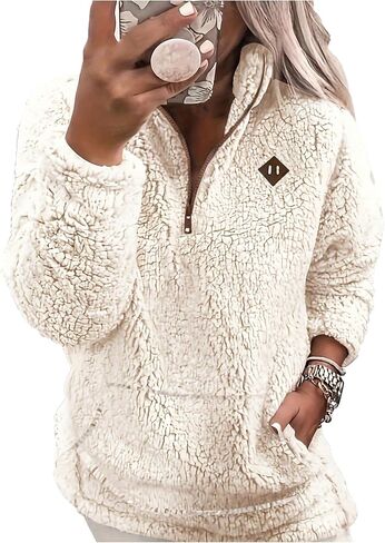 Women's Faux Fur Zipper Front Sweatshirt Casual Stand Collar Fuzzy Cozy Pullover Tops with Pocket in Saudi Arabia