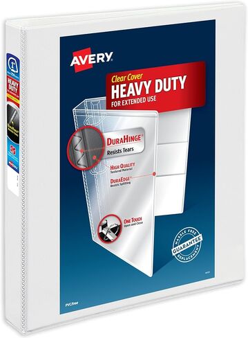 Avery Heavy-Duty View 3 Ring Binder, 1 Inch One Touch Slant Rings, 250-Sheet Capacity, DuraHinge, 1.4 Inch Wide Spine, Customizable Clear Cover and Spine, 1 White Binder (79799) in Saudi Arabia