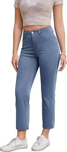 High Waisted Comfort Stretch Jeans for Women Cropped Slim Straight Linen-Blend Denim 5-Pocket Zip Fly in Kuwait