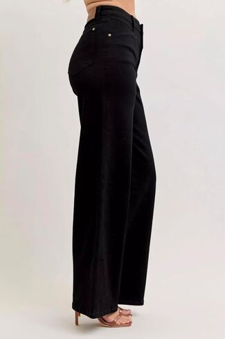 Judy Blue High Rise Wide Leg 33" Inseam Jeans in Black- Ivory Gem in Saudi Arabia