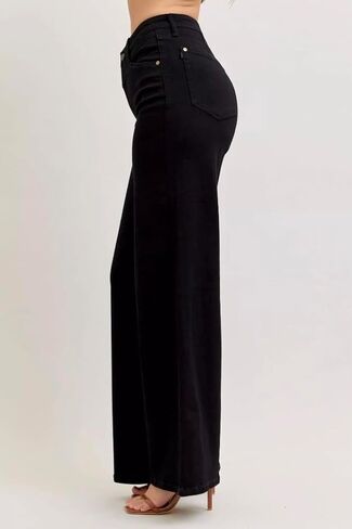Judy Blue High Rise Wide Leg 33" Inseam Jeans in Black- Ivory Gem in Saudi Arabia