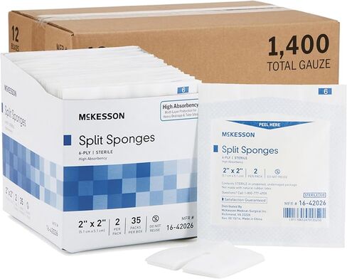 McKesson Split Sponges, 6-Ply Sterile, I.V. and Tracheostomy Dressings, Polyester / Rayon Blend, 2 in x 2 in, 2 per Pack, 1 Pack in Saudi Arabia