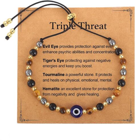 Triple Threat Protection Anxiety Relief Next Chapter Bracelet for Women, Natural Healing Crystal Evil Eye Tigers Eye Moonstone Amethyst Jewelry for Friends Family in Saudi Arabia