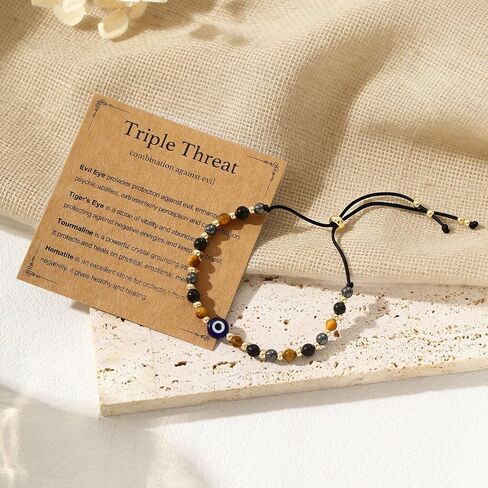 Triple Threat Protection Anxiety Relief Next Chapter Bracelet for Women, Natural Healing Crystal Evil Eye Tigers Eye Moonstone Amethyst Jewelry for Friends Family in Saudi Arabia