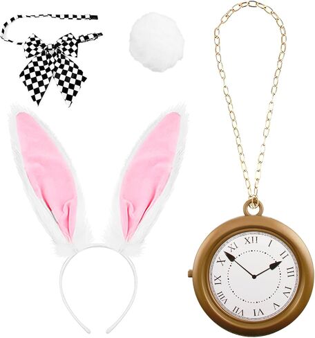White Bunny Ears Headband & Tail Set 4PCS Rabbit Costume Accessories with Bow Tie Clock Necklace for Easter Halloween Cosplay Adults Party Dress Up in Kuwait