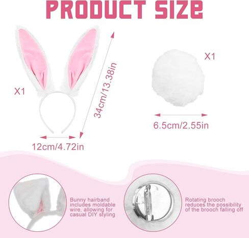 White Bunny Ears Headband & Tail Set 4PCS Rabbit Costume Accessories with Bow Tie Clock Necklace for Easter Halloween Cosplay Adults Party Dress Up in Kuwait